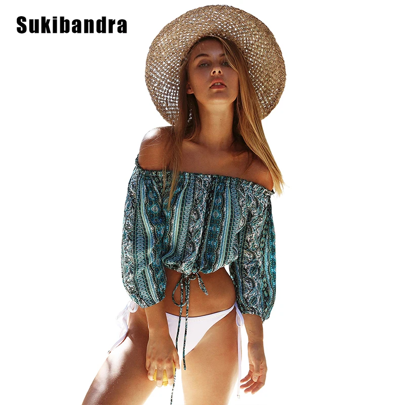 Tanie Sukibandra Nowy Kobiety Plaża Bluzki 2018 Crop Top z Długim Rękawem Sexy Off Ramię Lato Boho Chic Czeski Drukuj Moda Bluzka