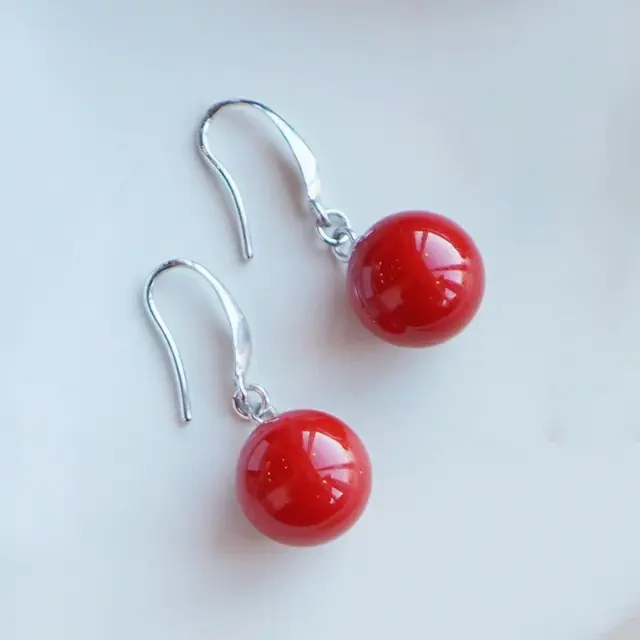 Sexy charming 12 mm red coral shell pearls Silver hook Fashion Earrings
