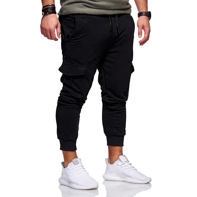 Men Training Fitness Solid Pleated Pants Side Pocket Elastic Slim