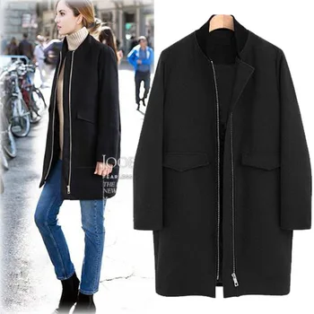 

New Autumn Winter Women Coats Plus Size Fashion Stand Collar Loose Zipper Solid Woolen Blends Trench Coat For Women Outerwear 4L