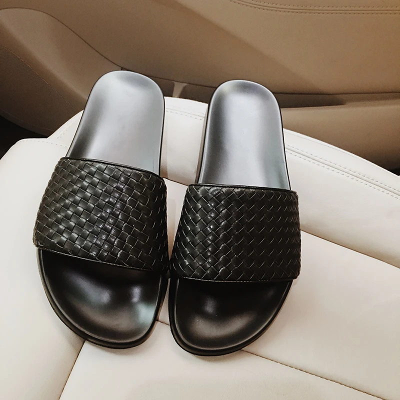

2018New pattern Slipper Genuine leather Hand knit High-quality fashion Man A word of dragging Thick sole Non-slip