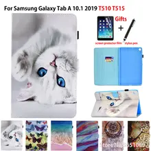 SM-T510 чехол для samsung Galaxy Tab A 10,1 T510 T515 SM-T515 чехол Funda с изображением кота из искусственной кожи Чехол+ пленка+ ручка
