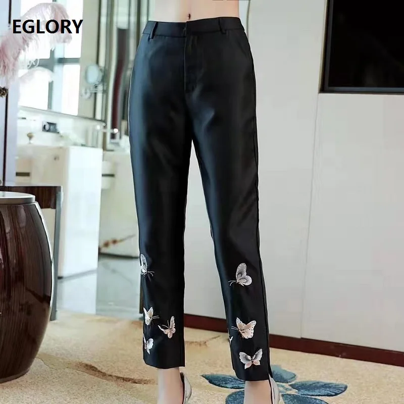 

High Quality Pants 2019 Autumn Vintage Pant Women Lurex Butterfly Embroidery Skinny Leggings Black White Pants & Capris Female
