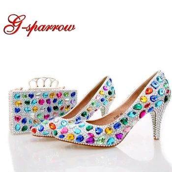 

Handmade Colorful Crystal Wedding Shoes Blue Rhinestone Party Prom Shoes with Matching Bag Pointed Toe Middle Heel Bridal Shoes