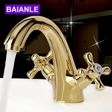 Golden Brass Double handle Bathroom Basin Faucet,Hot And Cold Water Sink Faucet Bath Accessories azos split faucetsoft basin brass orb cold and hot switch rotatable bathroom below counter basin balcony double handle three hol