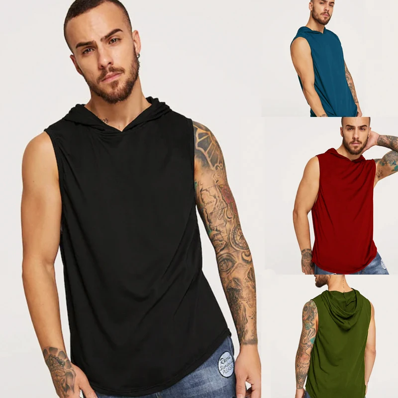 

2019 Summer New Men's Vest Sleeveless Hoodie Personality Vest Fitness Hooded Vest Outdoor Jogging Comfortable Coat