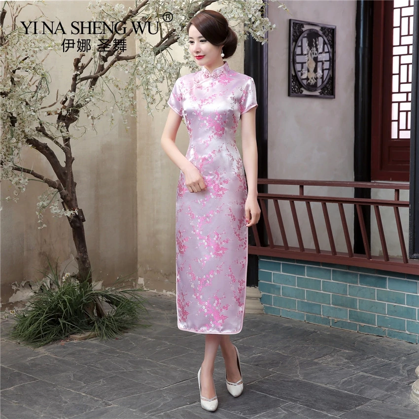 

Chinese Traditional Costumes Cheongsam Women Slim Bodycon Dress Cheongsam Tang Suit Dragon Phoenix Print Split Dress 17 Colors