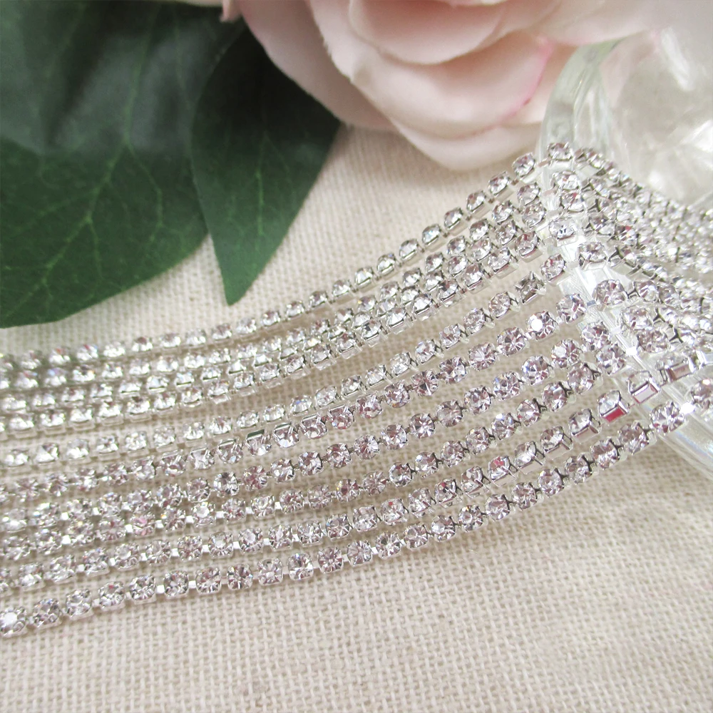 10yards 2mm Rhinestone Glass Silver Close Cup Chain Claw Chain Trimming Diamante