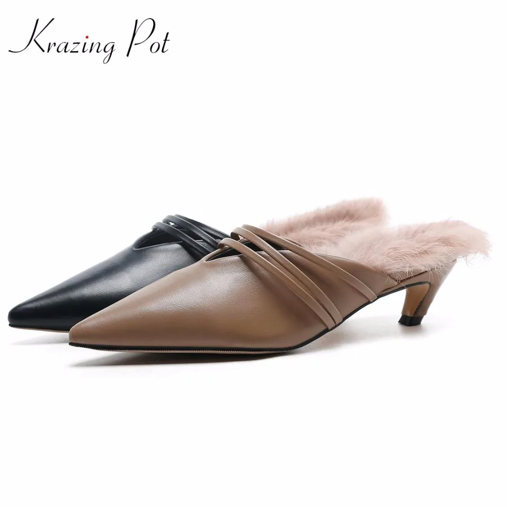 

Krazing pot 2019 rabbit fur spring genuine leather streetwear superstar stiletto med heels pointed toe bowtie shallow mules L88