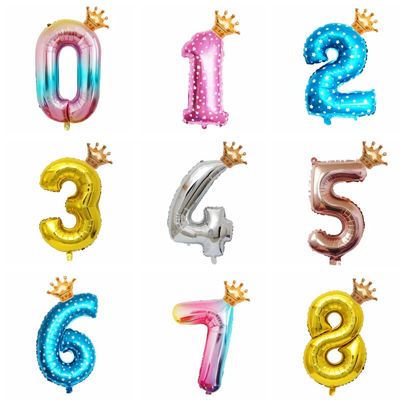 

2pcs Crown 32inch Figure Foil Balloons 1 2 3 4 5 6 7 8 9 Years Old Kid Boys Girls Happy Birthday Balloon Baby Shower Decoration