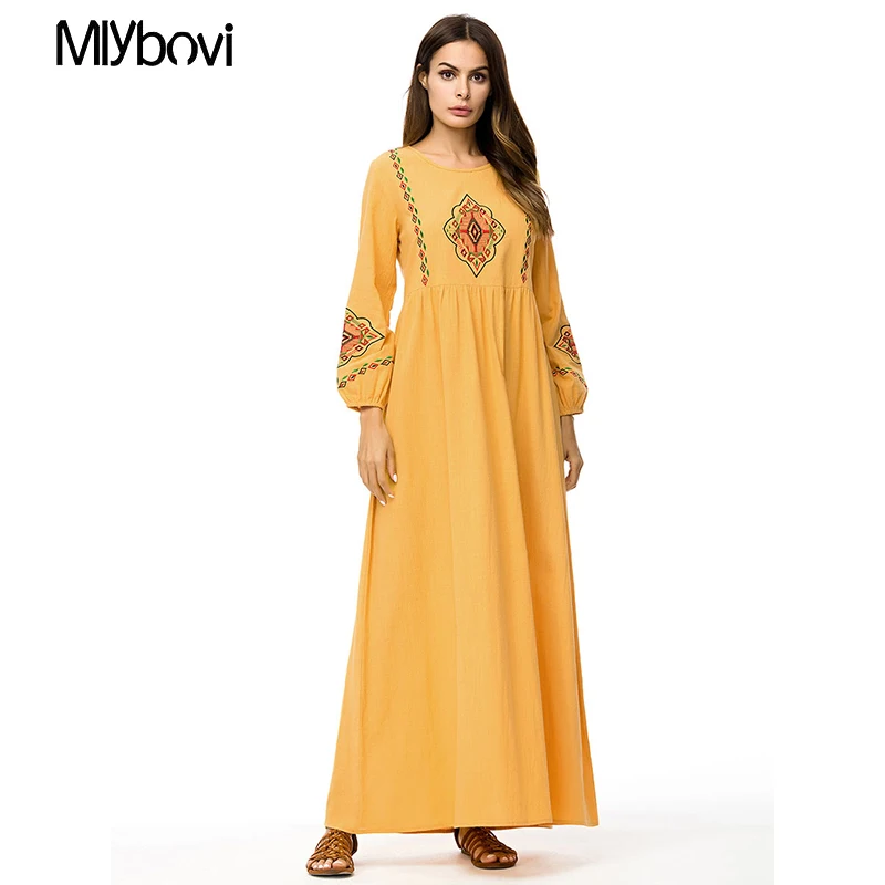 Аппликации Исламская желтое платье Турецкая женская одежда abayas для женщин