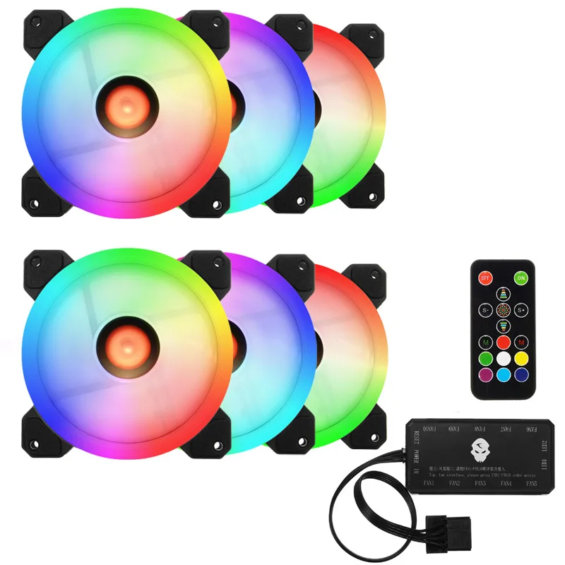

Hot 6pcs Computer Case PC Cooling Fan RGB Adjust LED 120mm Quiet + IR Remote New computer Cooler Cooling RGB Case Fan For CPU