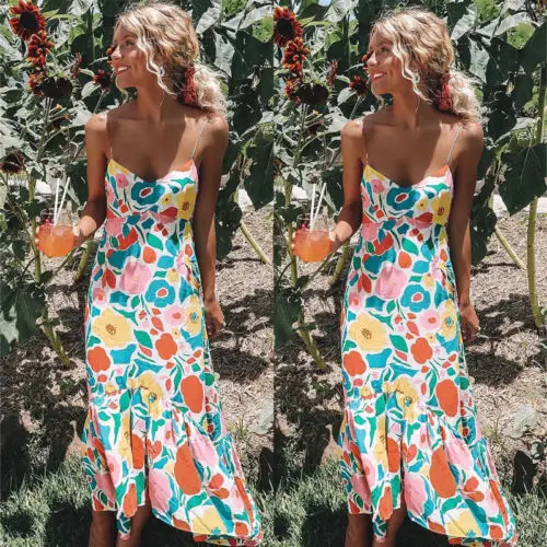 

New Women Summer Colorful Boho Chic Long Maxi Dress Printed Loose Swing Fashion Contrast Color Backless Beach Dress Sundress
