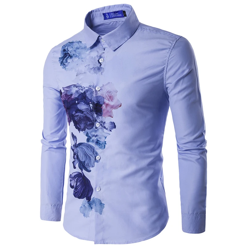 Новое поступление, мужская рубашка с рисунком, длинный рукав, цветочный принт, приталенная Мужская Повседневная рубашка мужская мода, платье, рубашки - Цвет: 16C813 Blue
