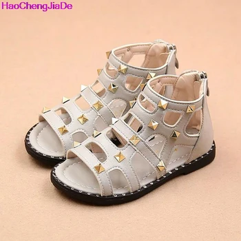 

Children Summer Sandals Kids 2017 New Girl Sandals Fashion Rivets Roman Flat Shoes High Help Boots Gladiator Student Sandals