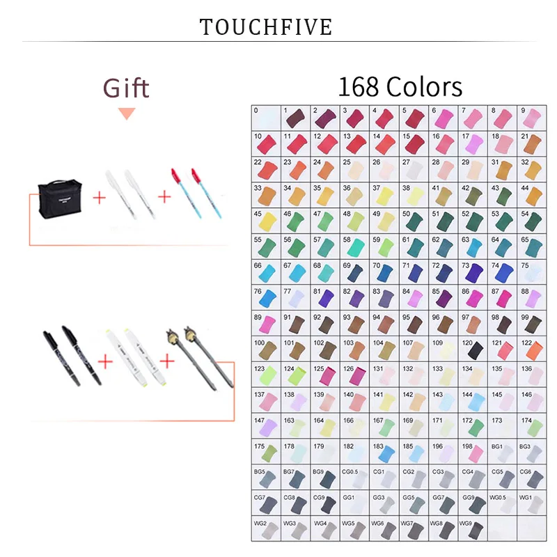 TouchFIVE 20 Вт, 30 Вт/40/60/80 Цвет маркеры манга рисунок Маркеры Ручка на спиртовой основе эскиз жирной двойной кисть товары для рукоделия - Цвет: 168 COLORS