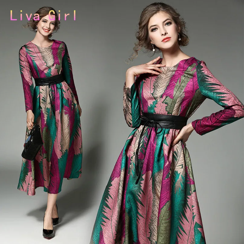 Liva girl brand Fashion style Spring and autumn high end dress Jacquard round neck long sleeve