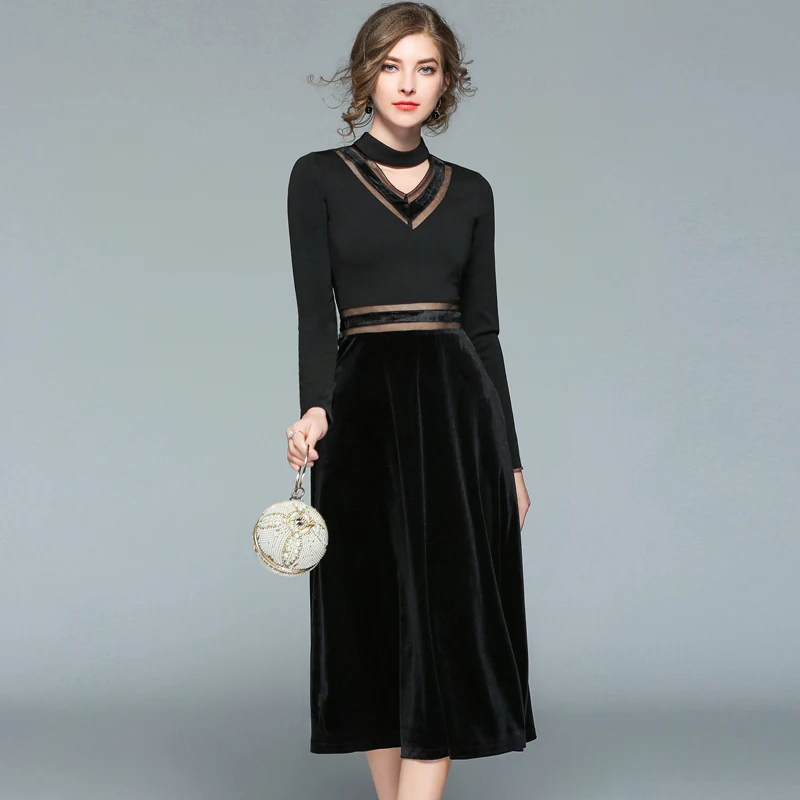 Robe Sexy Perspective Gauze Patchwork Velvet Dress Winter Dresses Women 2018 Black Office Chinese Dress Tunique Femme K8927