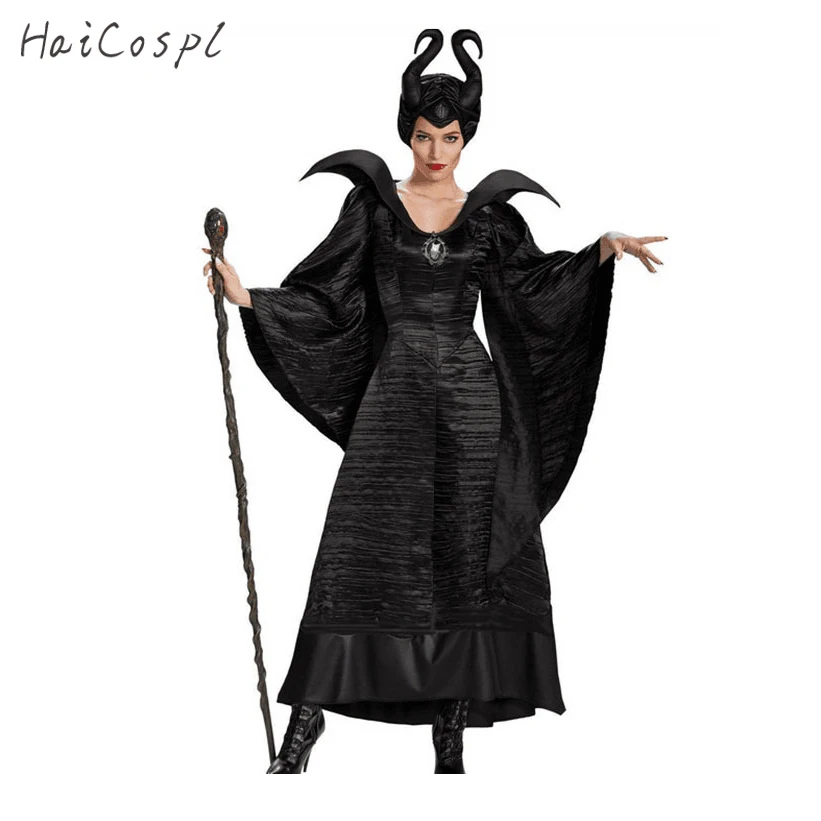 

Thin Maleficent Costume Adult Women Halloween Witch Cosplay Fairy Tale Sleeping Beauty Curse Witchcraft Black Dress Horns Movie