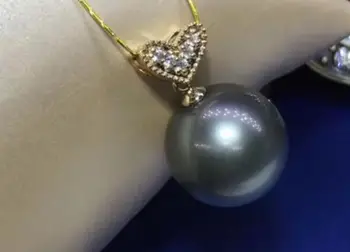 

free shipping >>>>noble jewelr round 12-13 MM Genuine Tahiti South Sea grey Pearl Pendant G14K solid gold