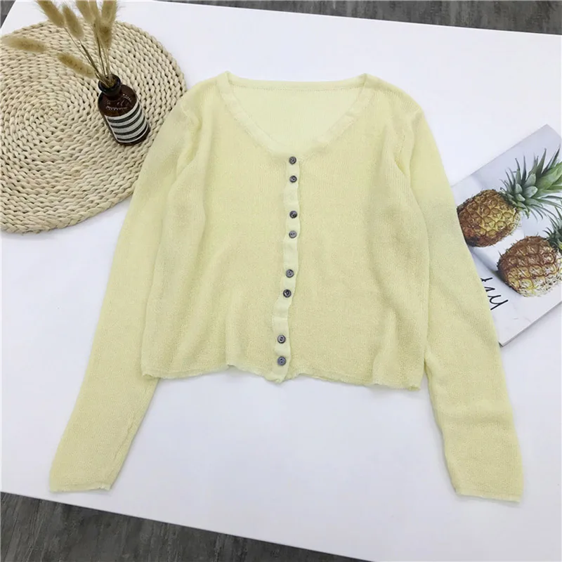 Werynica Fashion Summer Knitted Cardigan Light Thin Long Sleeve Women Sweater Female Cardigans Women's Coats Outerwear - Цвет: light yellow