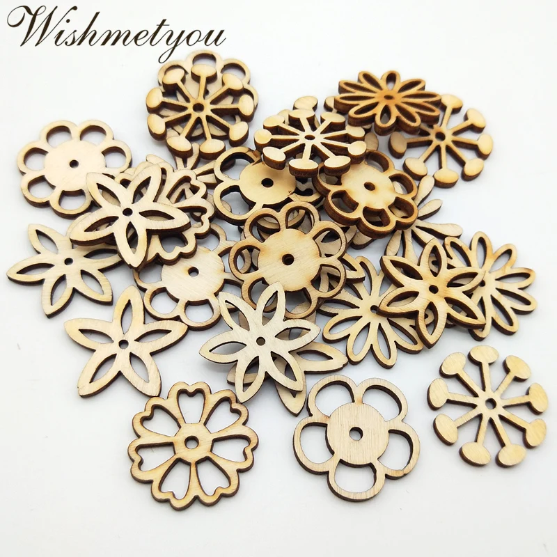 

WISHMETYOU 50pcs 30mm Mix Hollow Flowers Pattern Natural Wood Diy Crafts For Decoration Home Handmade Making Sewing Supplies New