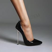LAIGZEM – chaussures CHIC à talons aiguilles pour femme, escarpins à bout pointu en cuir véritable verni, en métal, grande taille 34 à 43, 11 à 13CM