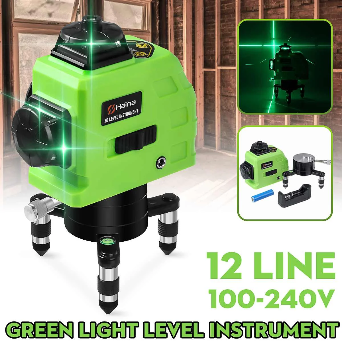 

12 Lines 3D Level Self-Leveling 360 Rotary Laser Distance Meter Self-Leveling Vertical Horizontal Level 100-240V Waterproof