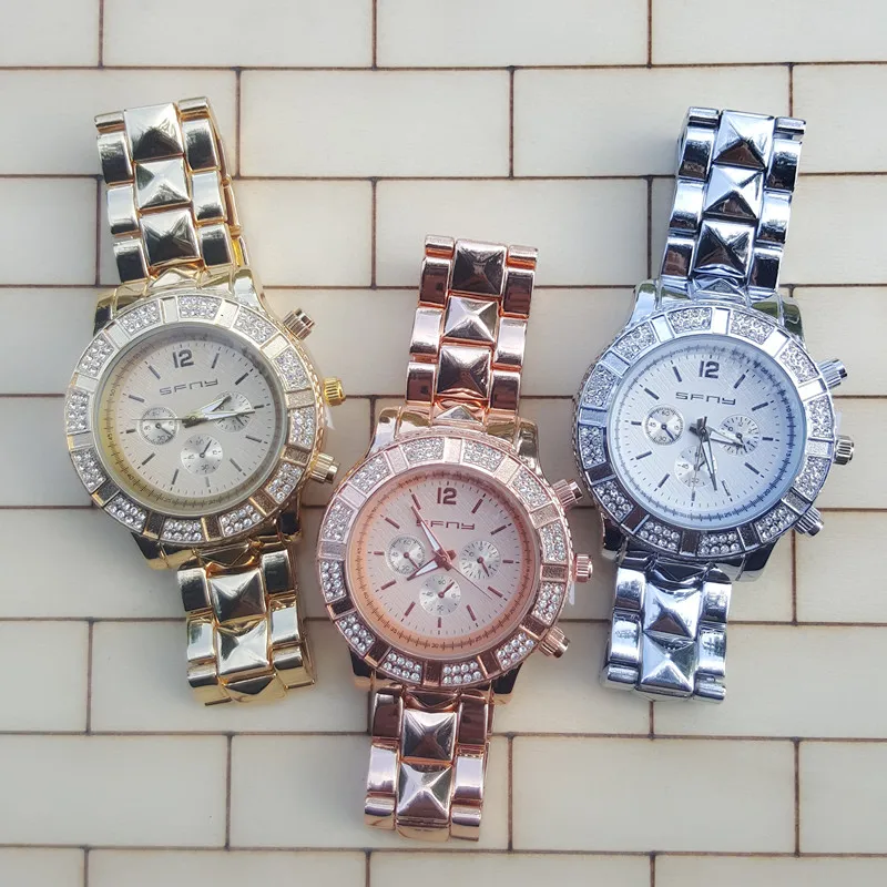

Unique Stainless Steel Bracelet 3 Eyes SFNY Brand Lady Big Dial Gold Watch Quartz Watches Women Rhinestone Watch Three Buttons