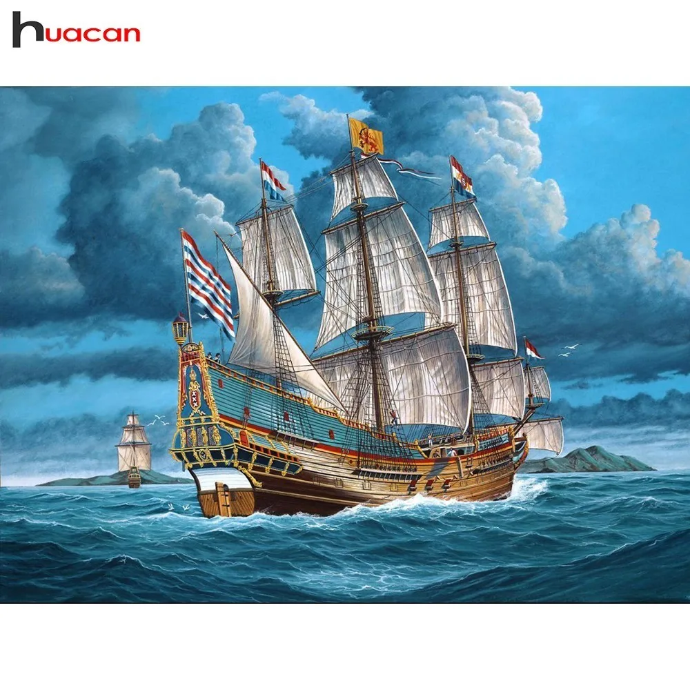 

HUACAN Full Drill Diamond Paintings Sailboat Diamond Mosaic Landscape Diamond Embroidery Cross Stitch Picture Of Rhinestones