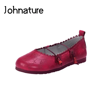 

Johnature Genuine Leather Shoes 2020 New Spring/Summer Casual Solid Color Slip-on Round Toe Shallow Totem Flats Women Shoes