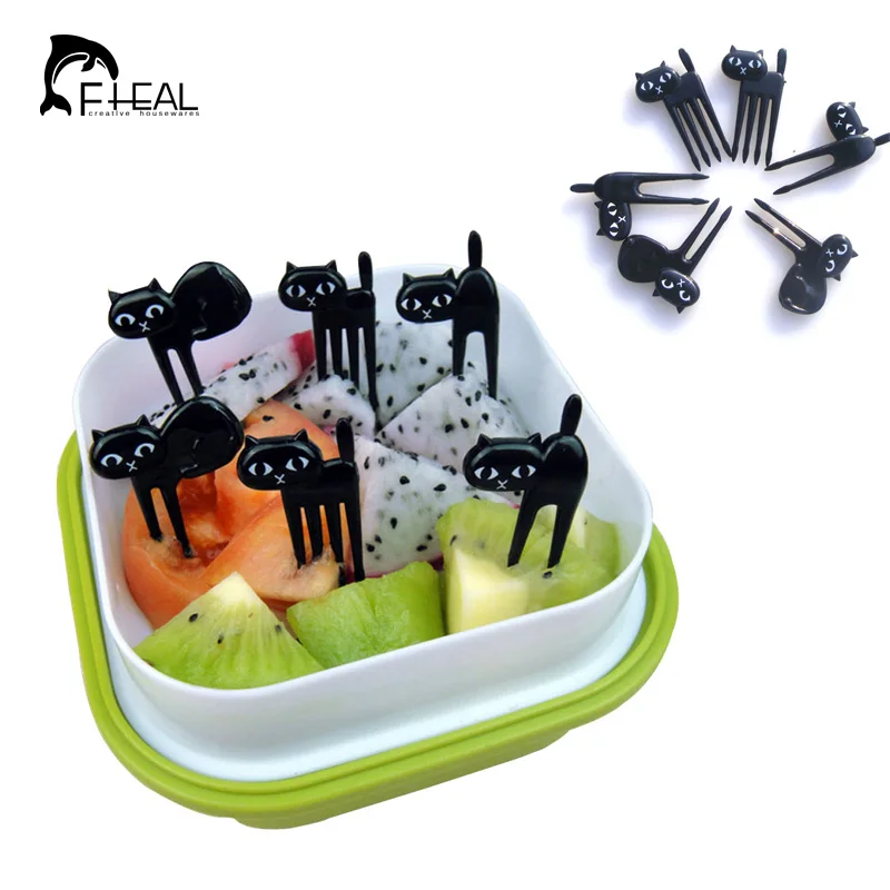 

FHEAL New 6Pcs Mini Animal Fork Fruit Picks Cute Cartoon Black Cat Children Fork Toothpick Bento Lunch Box Decor Accessories