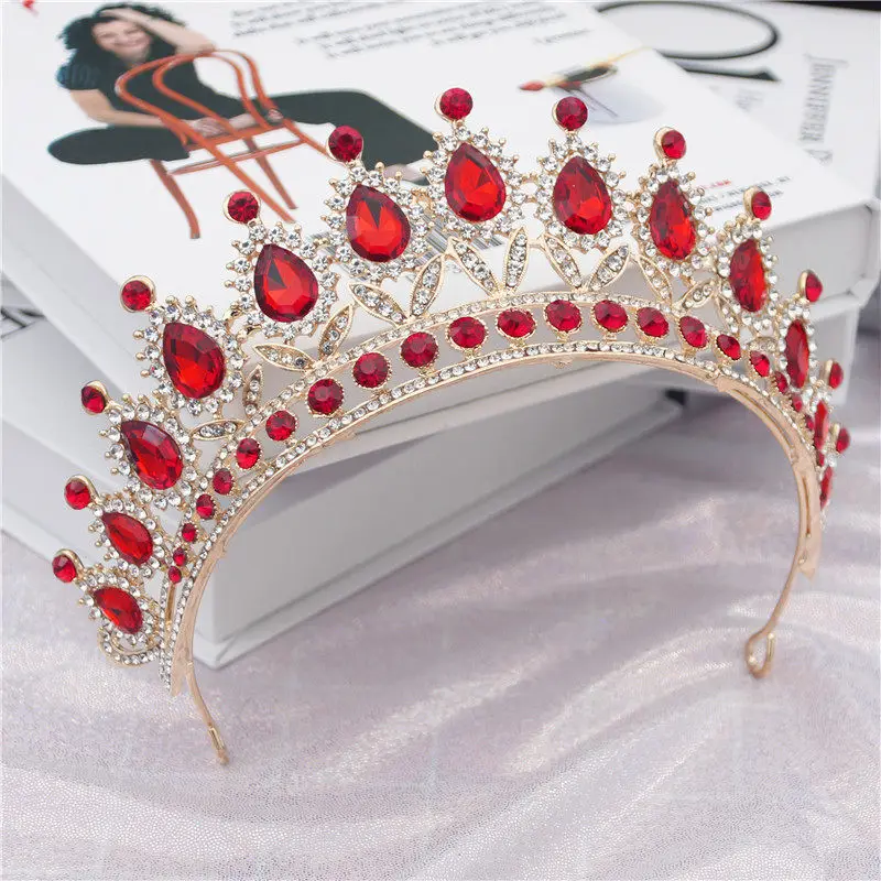 

Gorgeous Headbands Vintage Baroque Tiaras For Queen Bride Red Crystal Crowns Bridal Wedding Hair Jewelry Head Accessories