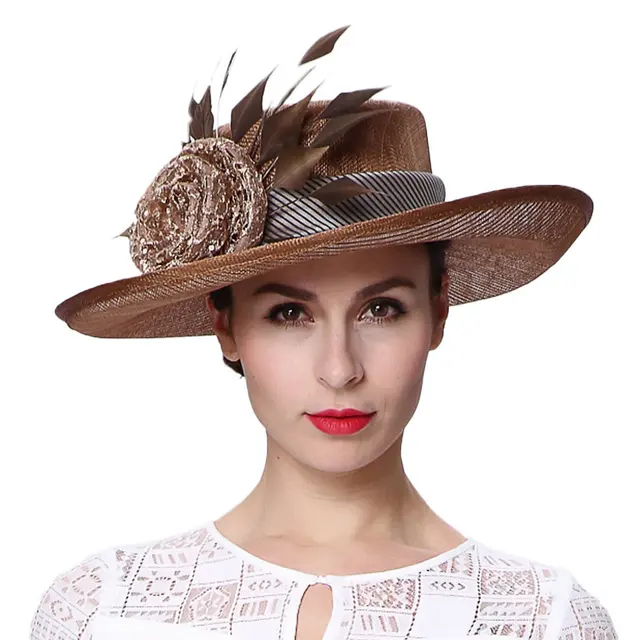 June's Young Women Hats Wide Brim Sinamay Organza Material Feathers