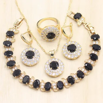Black Zirconia Gold Color Bridal Jewelry Sets for Women Bracelet with Extra Link Earrings Necklace Pendant Rings Gift Box 1