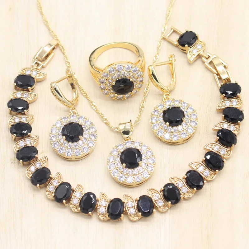 

Black Zirconia Gold Color Bridal Jewelry Sets for Women Bracelet with Extra Link Earrings Necklace Pendant Rings Gift Box