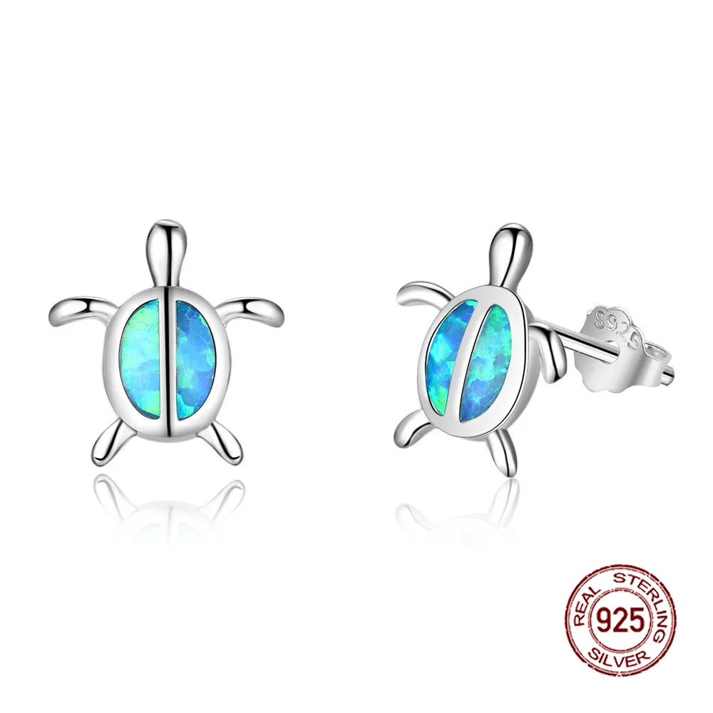 

100% 925 Sterling Silver Cute Sea Turtle Fire Opal Trendy Earrings Studs Women Jewelry