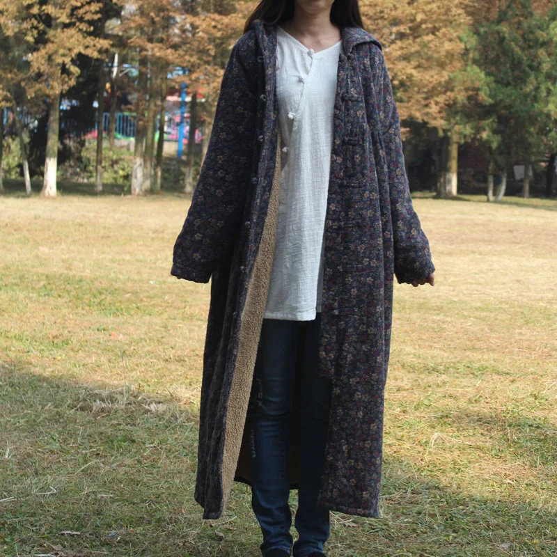 

Hot sale folk style old hooded sanding waisted coat high-waisted cotton-padded clothes flocking vestidos Casual Style