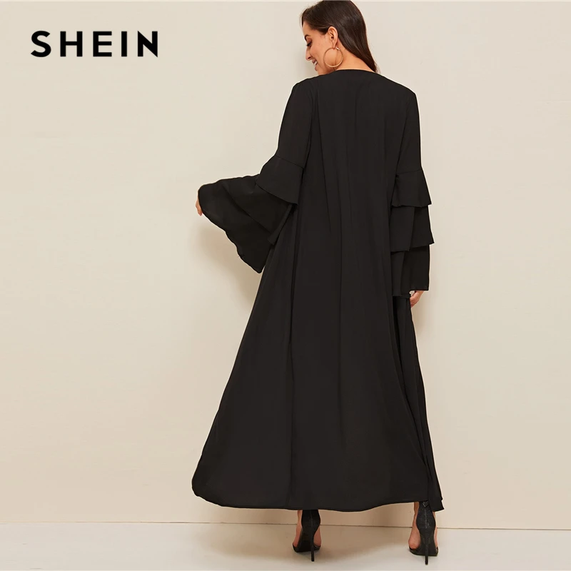 SHEIN abaya/черное многослойное кимоно с рюшами и длинными рукавами для женщин; сезон весна-осень; топ с длинными рукавами; Однотонный удлиненный Повседневный кимоно