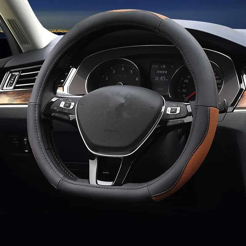 black and brown Кожаный чехол на руль автомобиля летние универсальные аксессуары для Volkswagen Magotan lavida Teramont Tiguan Polo PASSAT Golf 7 - Название цвета: black and brown