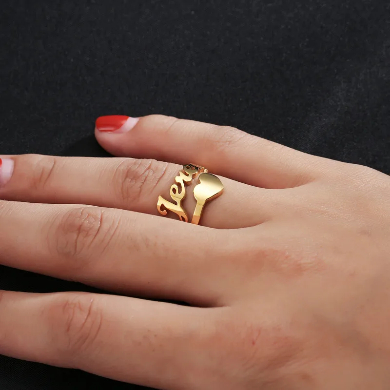 Custom Spiral Name Rings For Women Wedding Bijoux Stainless Steel Personalized Gold Color Plated Nameplate Rings With Heart