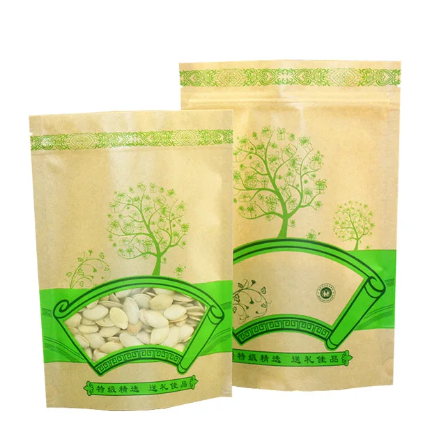 

100 pcs/lot Zip lock Green Kraft Paper Window Bag Stand up Gift Dried Food Fruit Tea packaging Pouches Zipper Self Sealing Bags