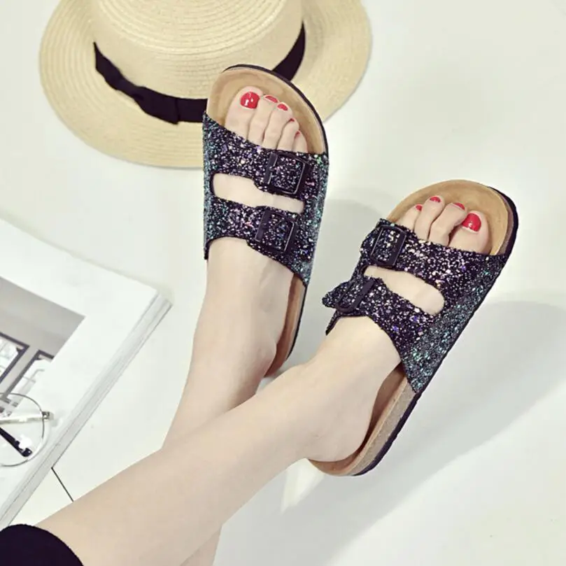 

women cork sandals shiny glitter double band slippers women bling bling open toe platform sandalias beach flip flops pantufay698