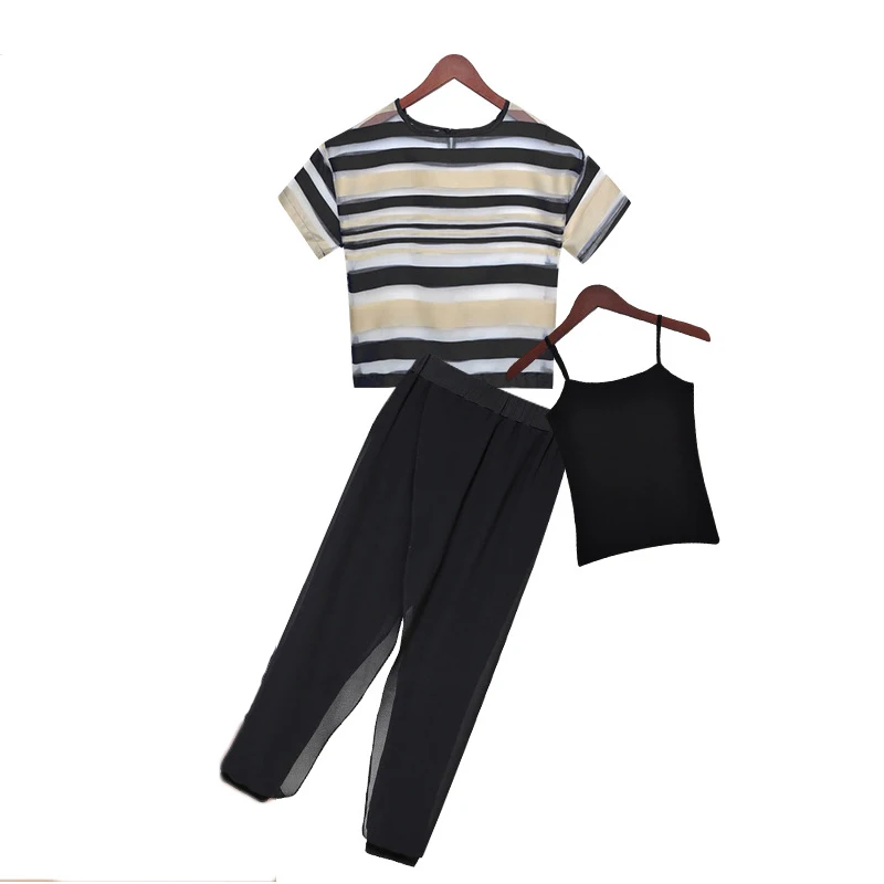 2015 Women Small Fragrant Wind Suit Female Striped Organza Top +Harem
