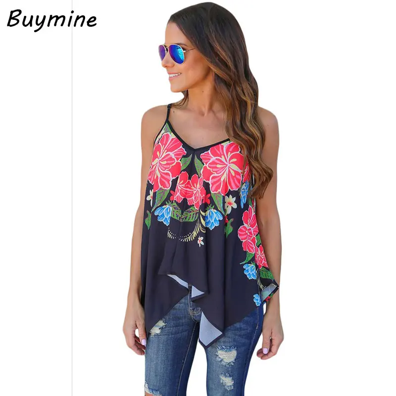 Summer Sleeveless Blouse 2017 Printed Strap V neck Women Blouse