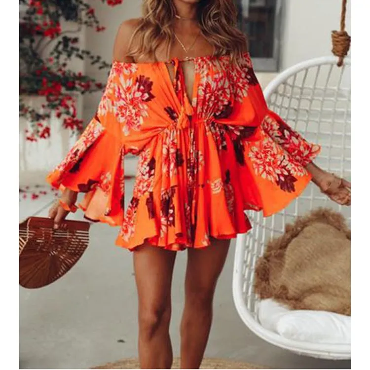 2019 Women Off Shoulder Boho Palysuit Floral Beach Summer Short Jumpsuit Flare Sleeve Sexy Casual Romper 2019 Women Off Shoulder Boho Palysuit Floral Beach Summer Short Jumpsuit Flare Sleeve Sexy Casual Romper