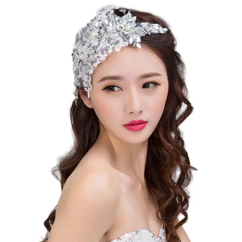 

Handmade White Crystal Faux Pearl Forehead Bridal Headband Lace Flower Bride Tiara Headpiece Hair Jewelry Wedding Accessories VL