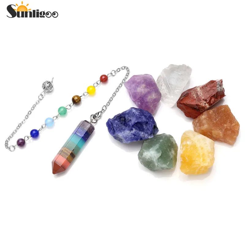

Sunligoo 2018 Hot Selling 7 Chakra Healing Crystals Natural Rough Raw Stones and Gemstone Crystal Point Pendulum Meditation Set