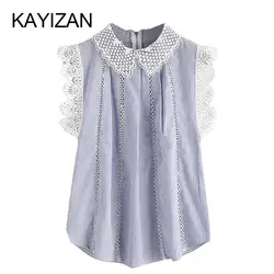 KAYIZAN Для женщин контраст Гребешок Кружевной отделкой в полоску блузка рубашка плиссированные изогнутые подол без стрейч с круглым вырезом