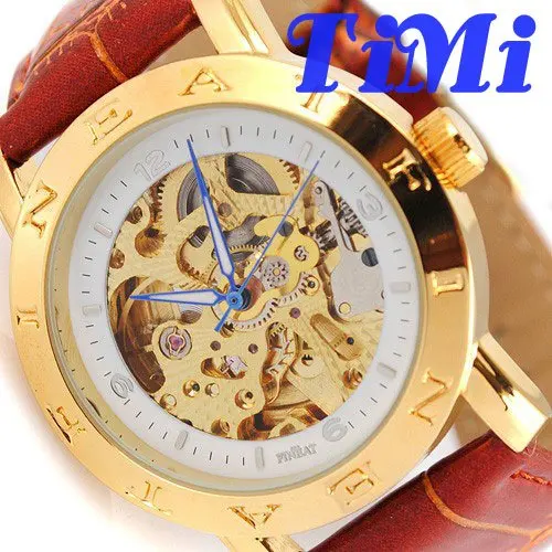 

wholesale Mens Automatic Gold Skeleton Hollow Selfwind Watch Umber Leather New freeship